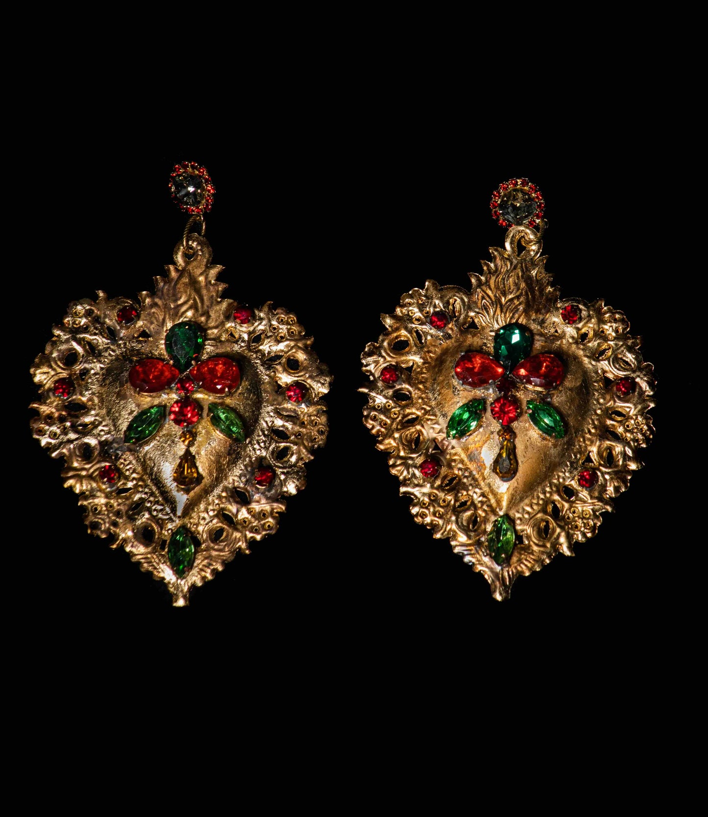 Handmade Bronze Earrings with Gilded Gold Leaf & Crystals