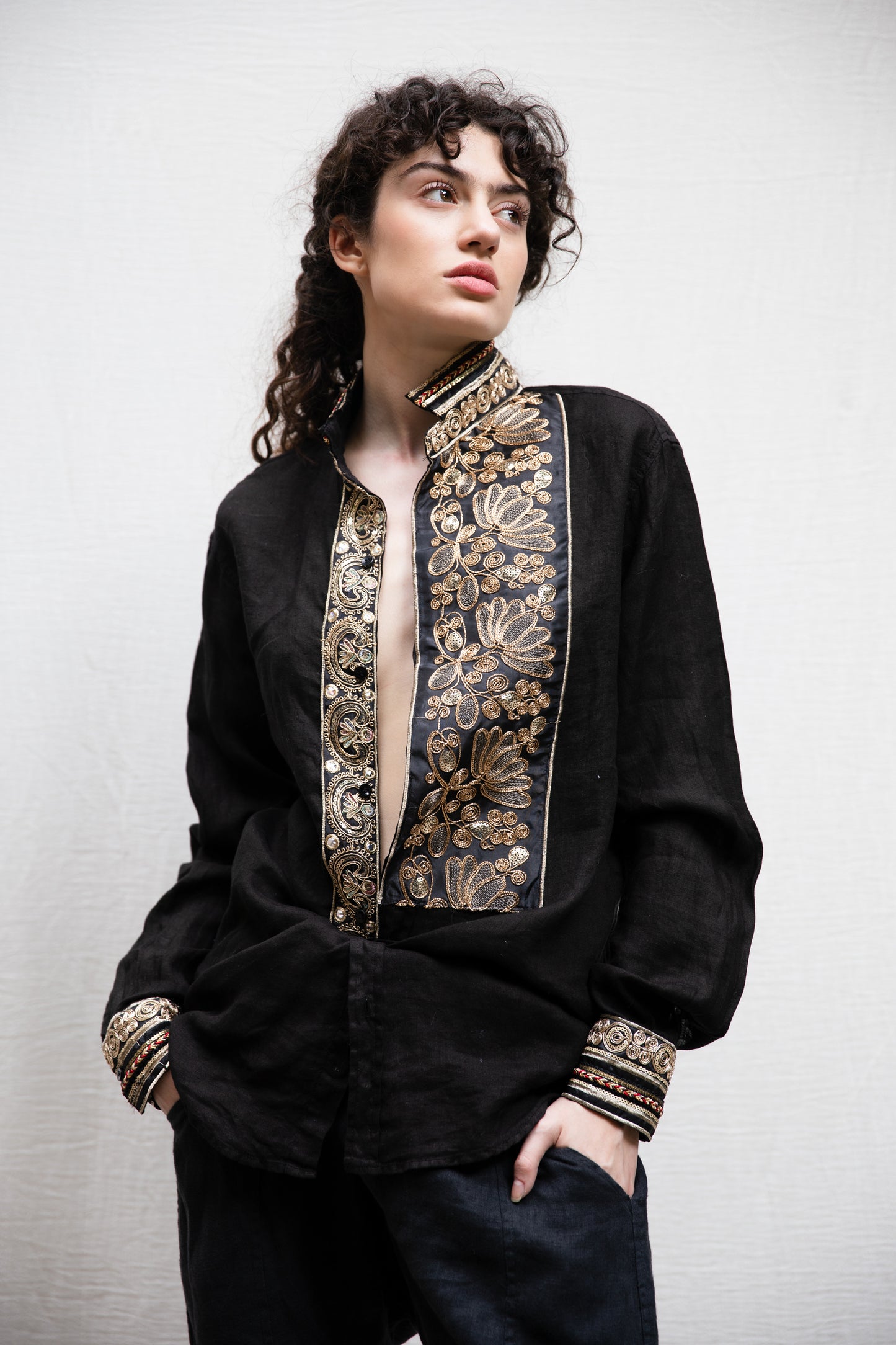 Black linen shirt with golden embroideries