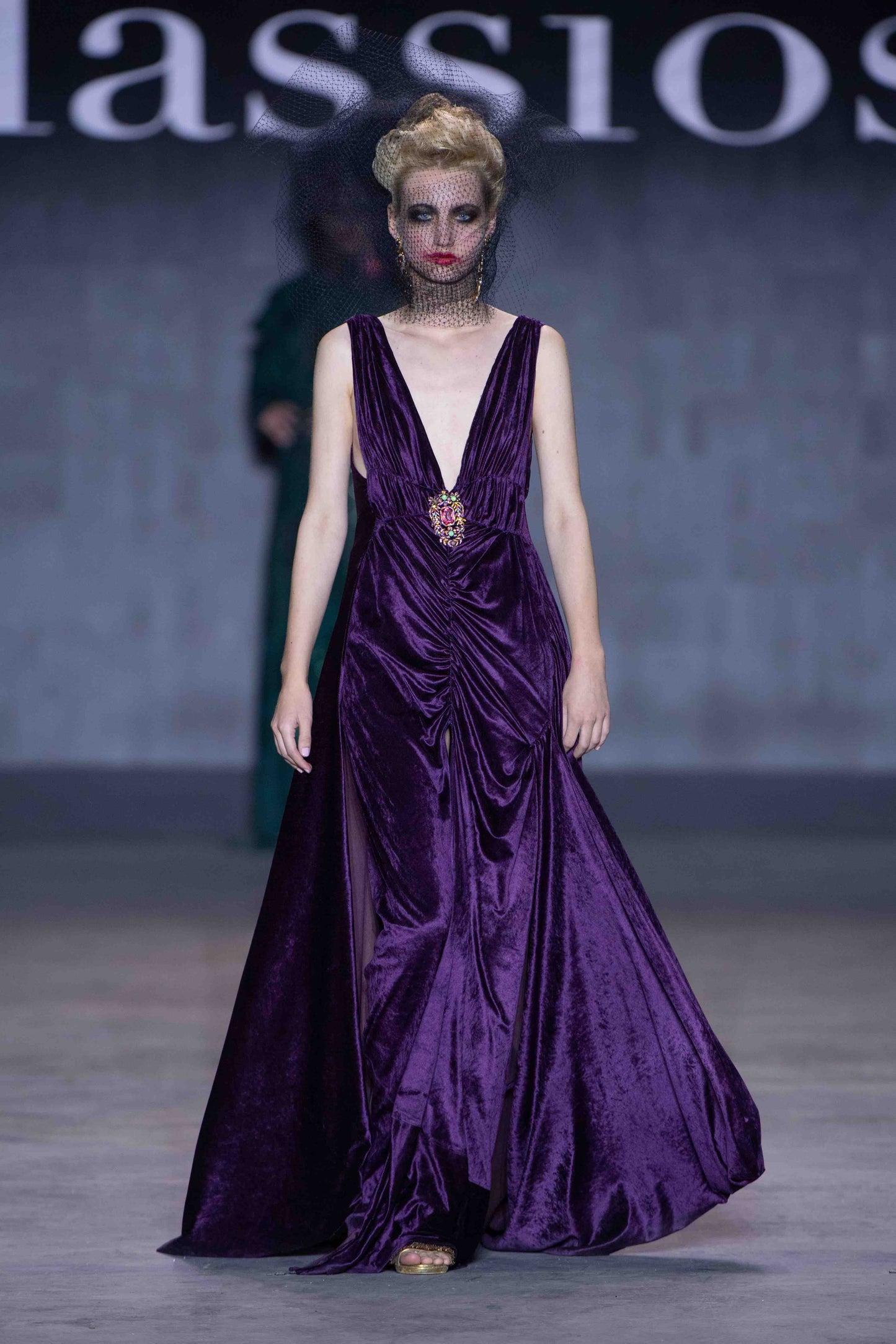 Violet silk-velvet evening gown