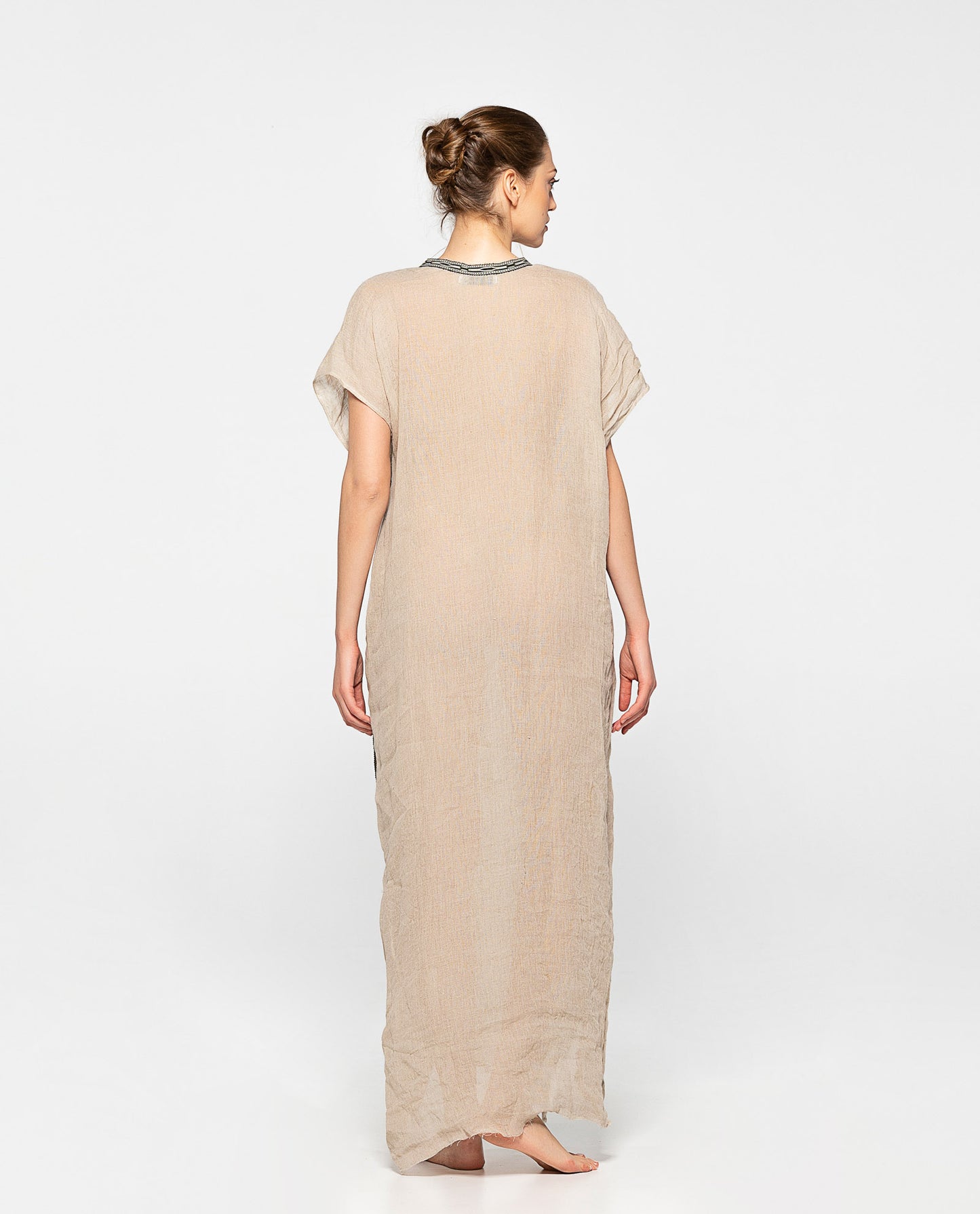 Natural beige caftan dress with unique colorful trims