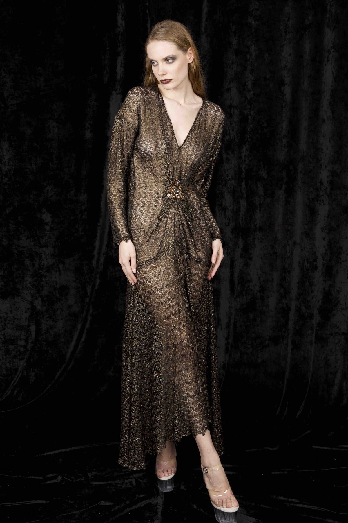Golden lace lurex evening dress