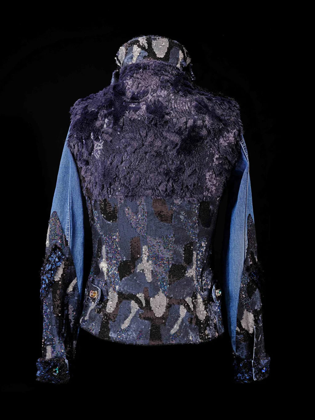 Denim jacket with blue sequin ruffles