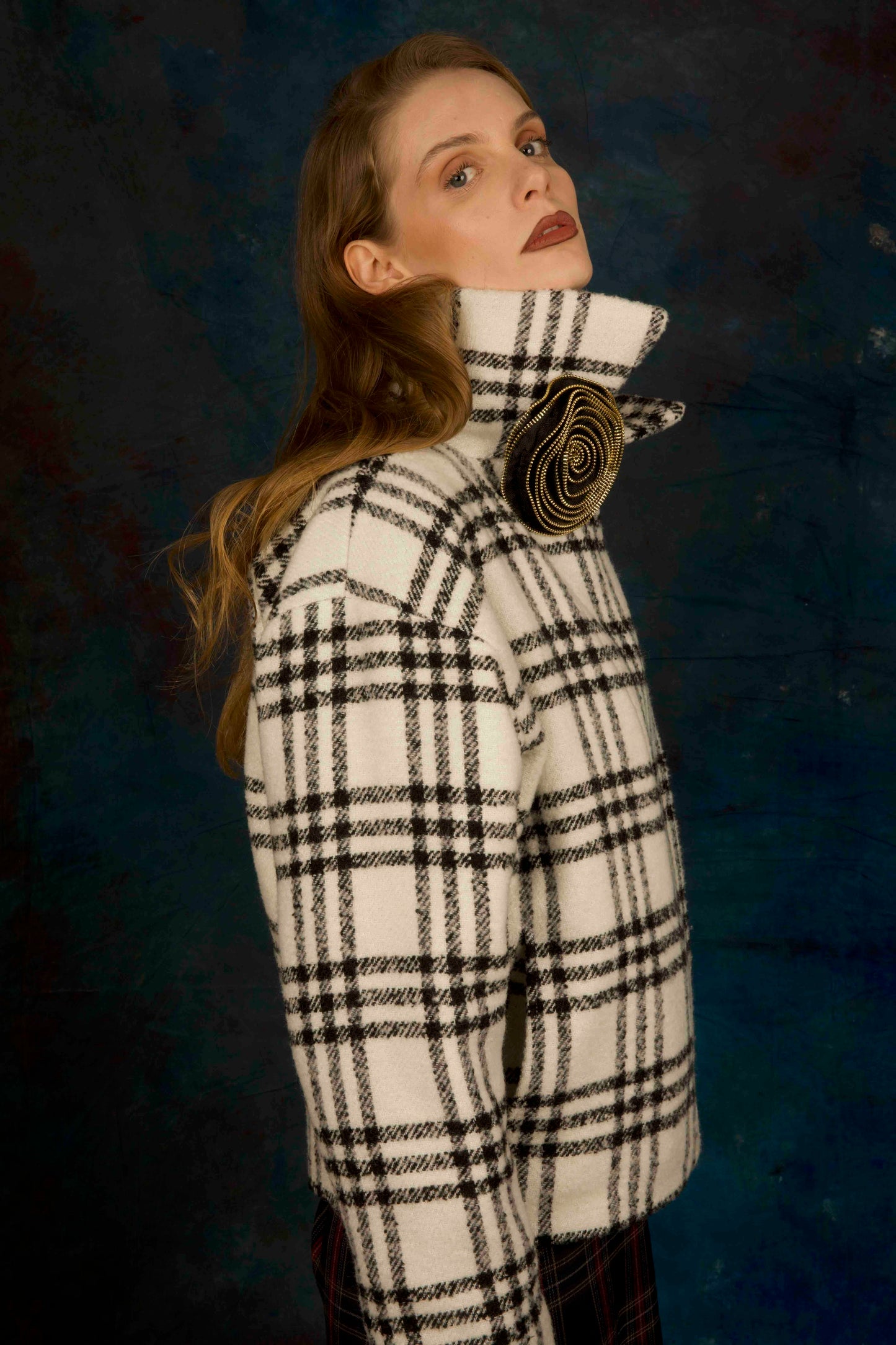 Wool white checkered jacket with handmade jewelry zip brooch