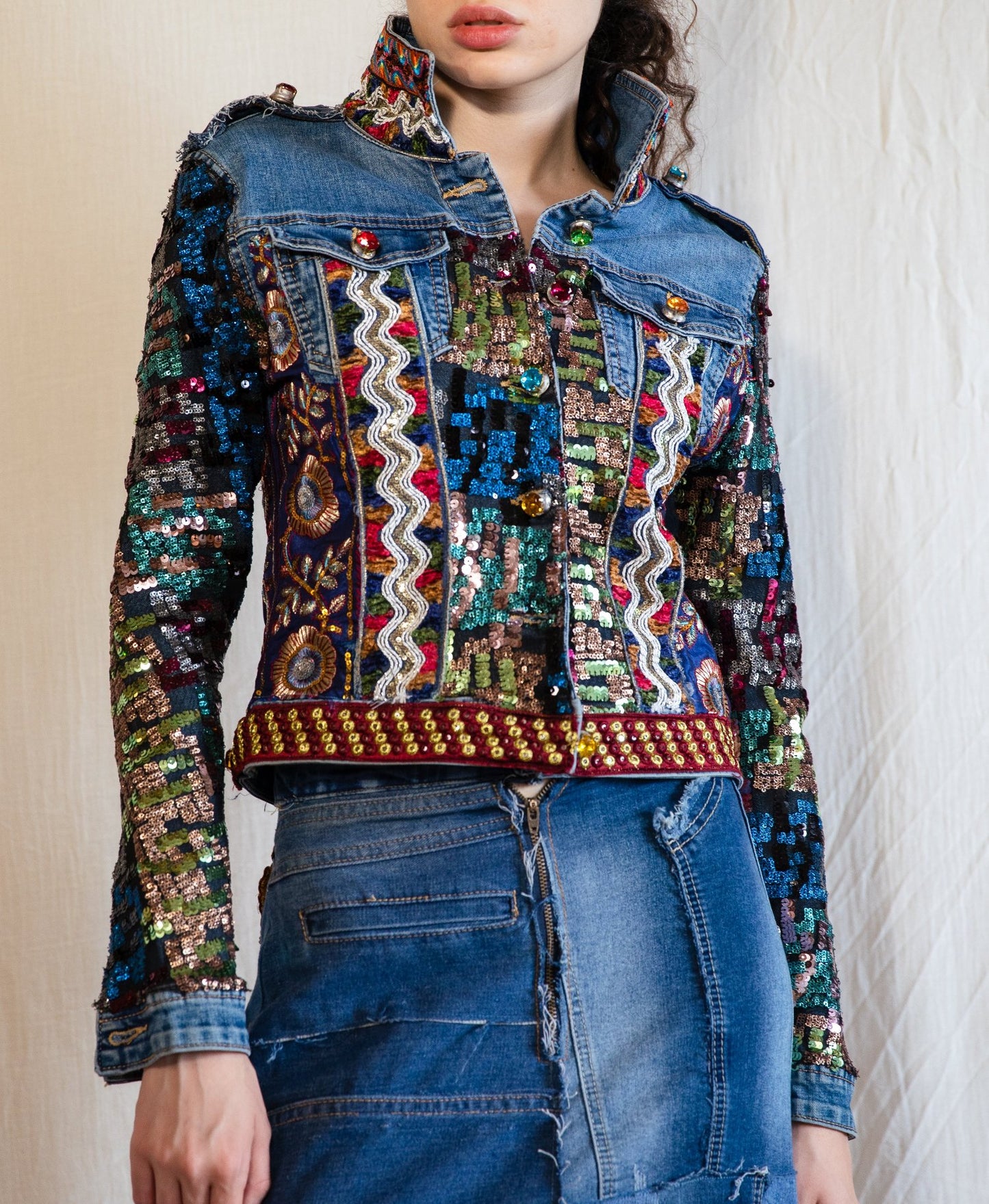 Denim jacket with colorful sequins