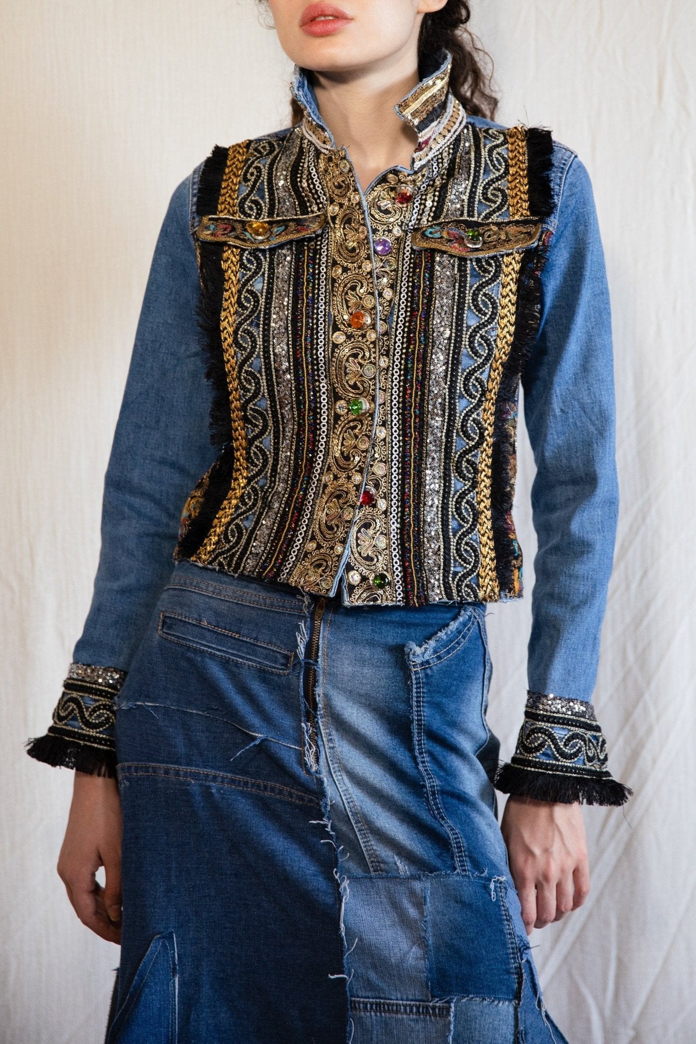 Denim jacket fully embroidered on the front side