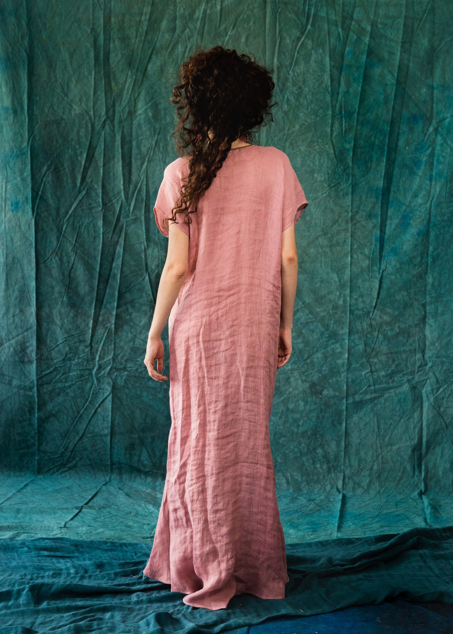 Linen soft pink long, caftan-style dress.