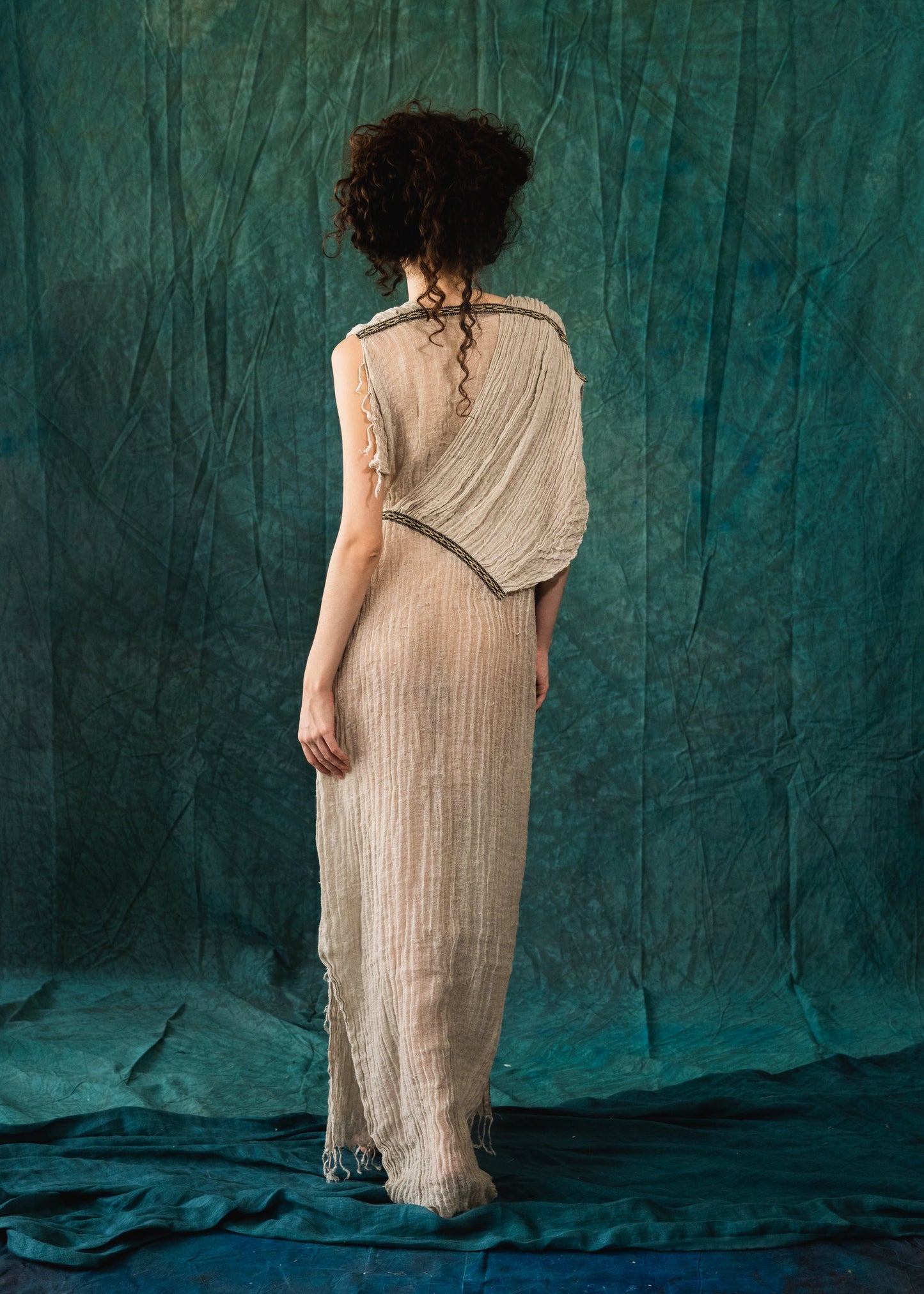 Asymmetrical linen caftan dress with unique trims