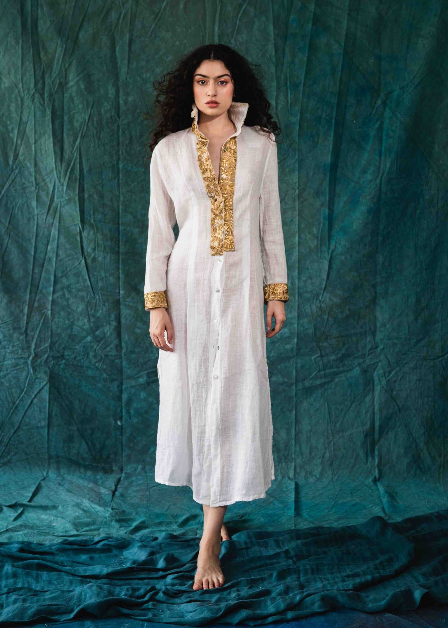 White linen shirt - dress with golden embroideries