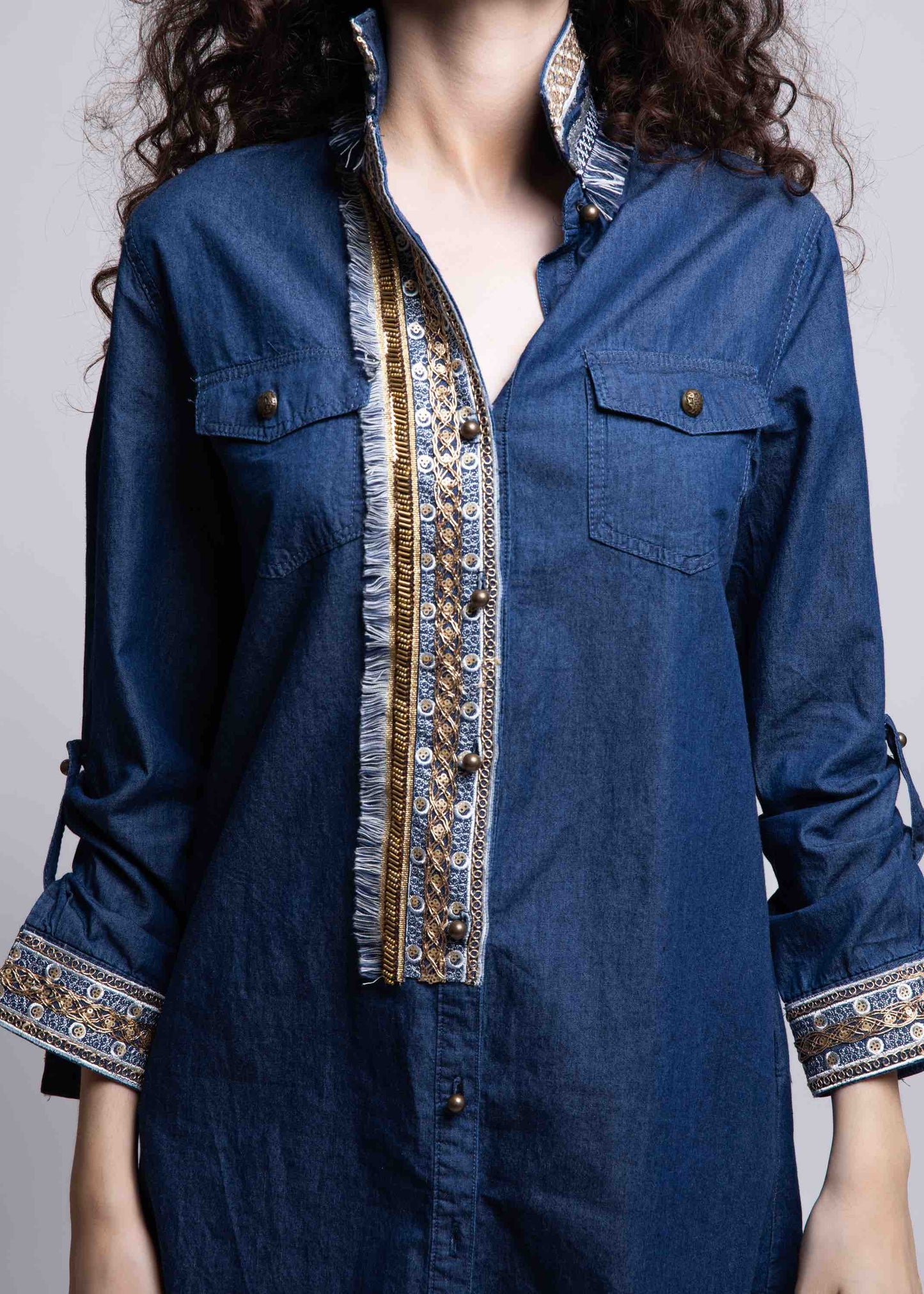 Denim cotton shirt - dress embroidered