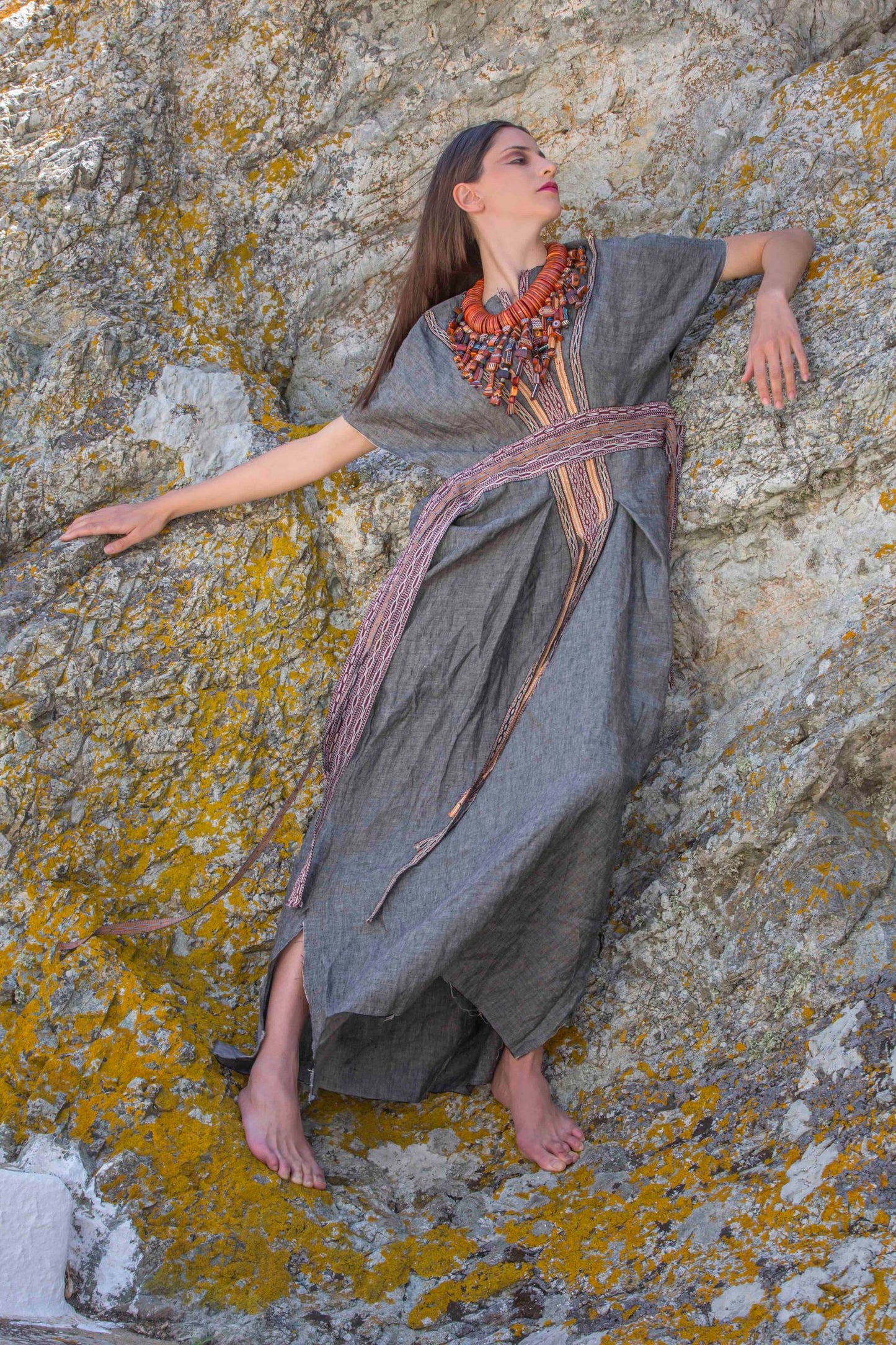 Linen caftan dress in grey melange