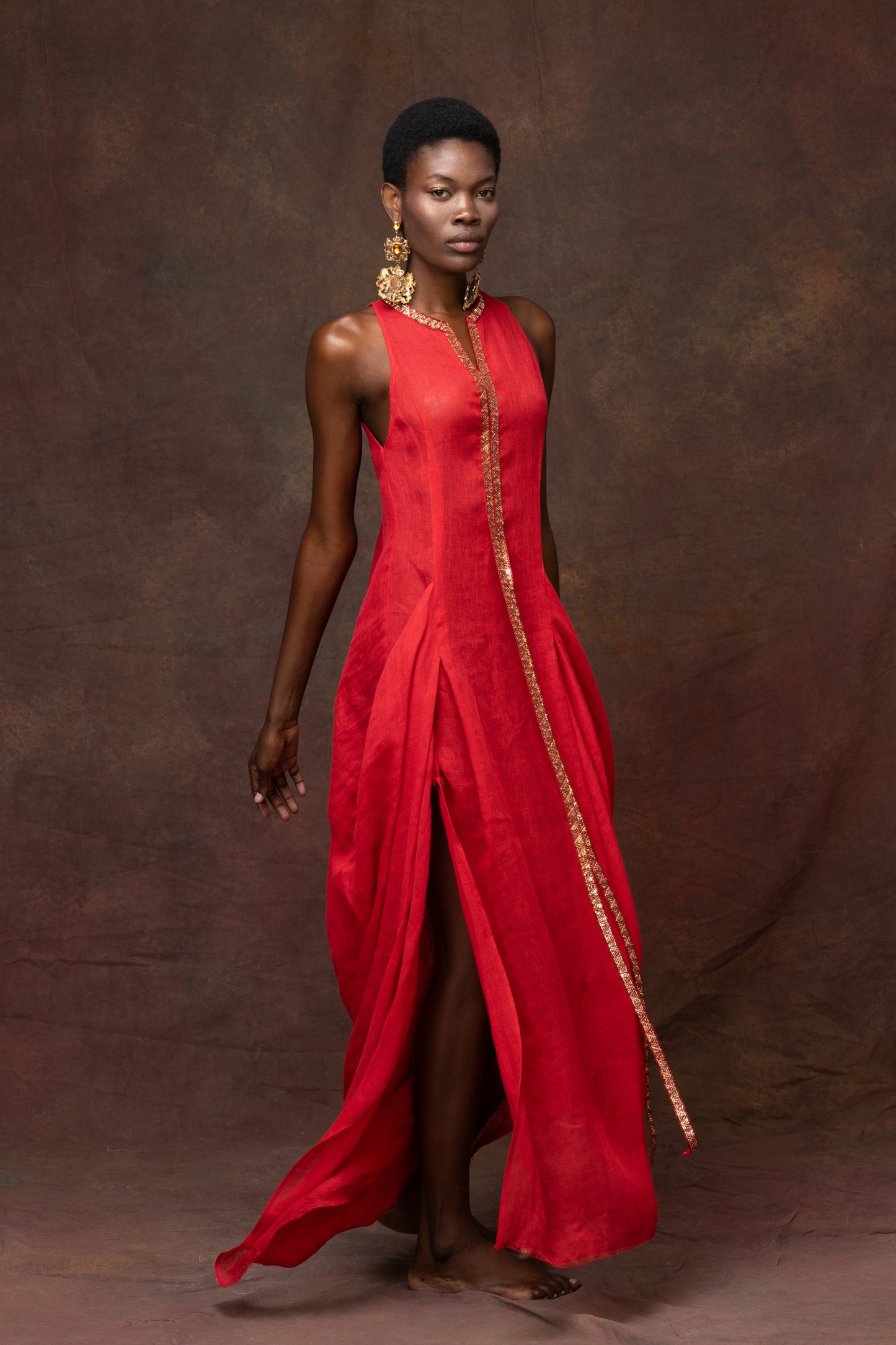Red Linen Dress With Metallic Trim