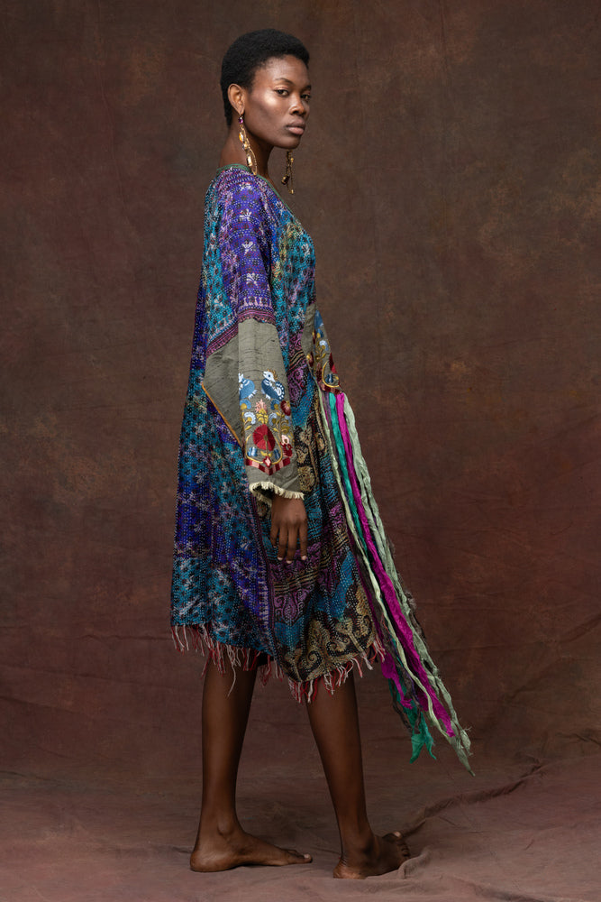 Unique Silk Caftan With Multi-Colored Ribbons