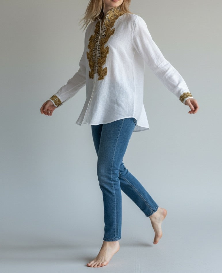 Linen with shirt with unique gold embroideries