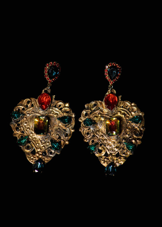 Handmade Bronze Earrings with Gilded Gold Leaf & Crystals