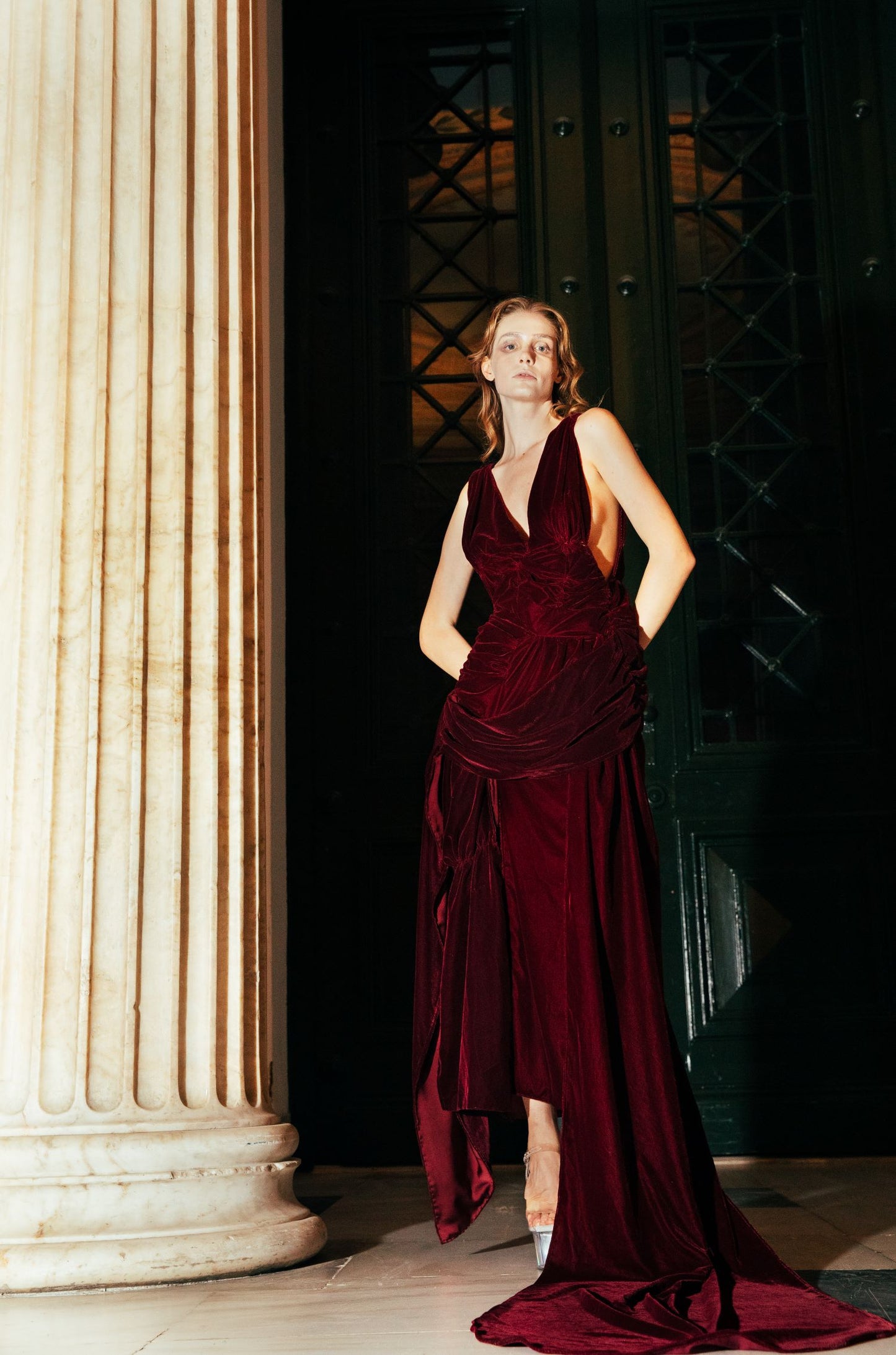 A.9614 Βurgundy silk-velvet open back dress