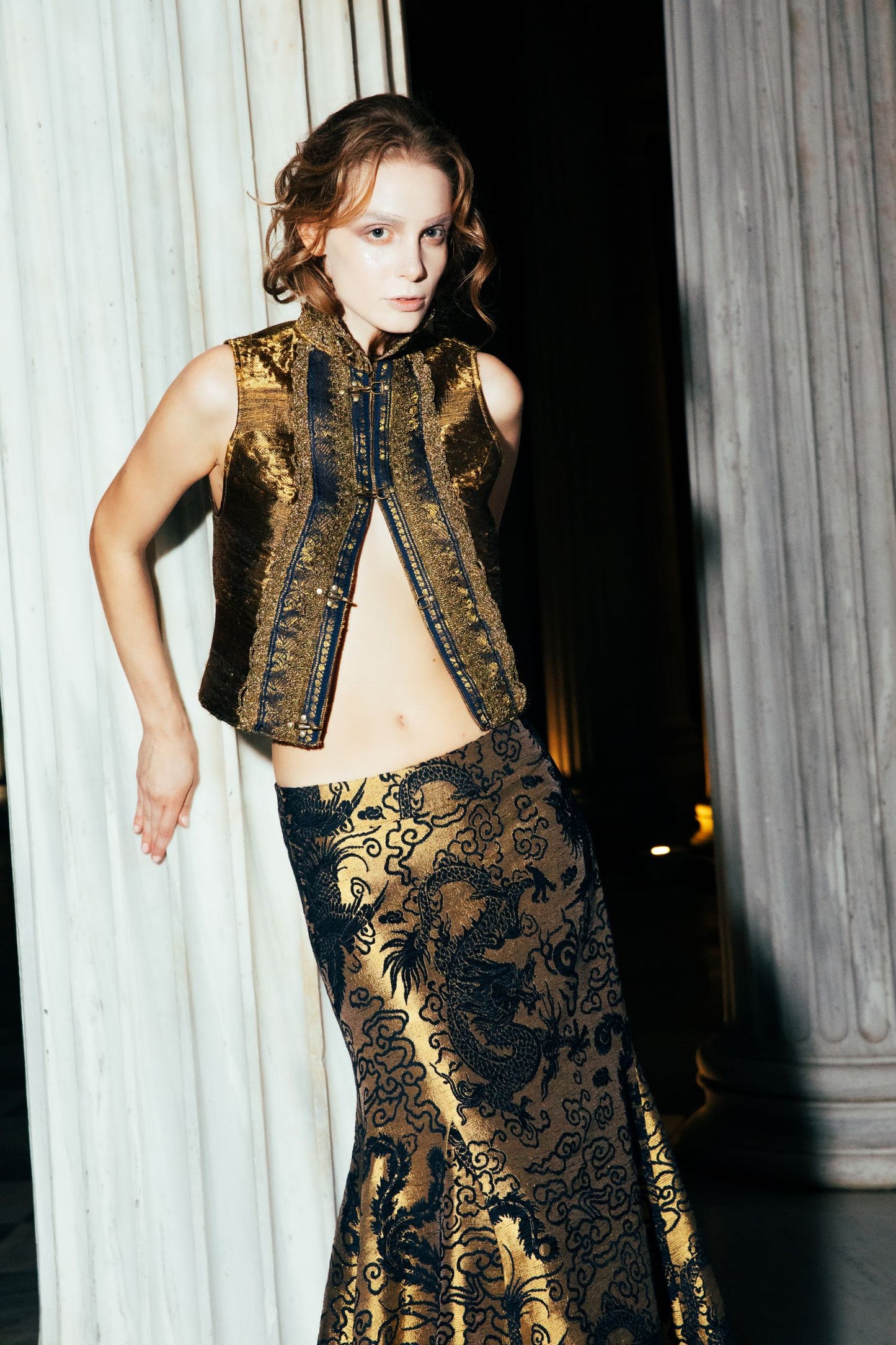 A.9684 Floral brocade maxi skirt in black and gold-caramel