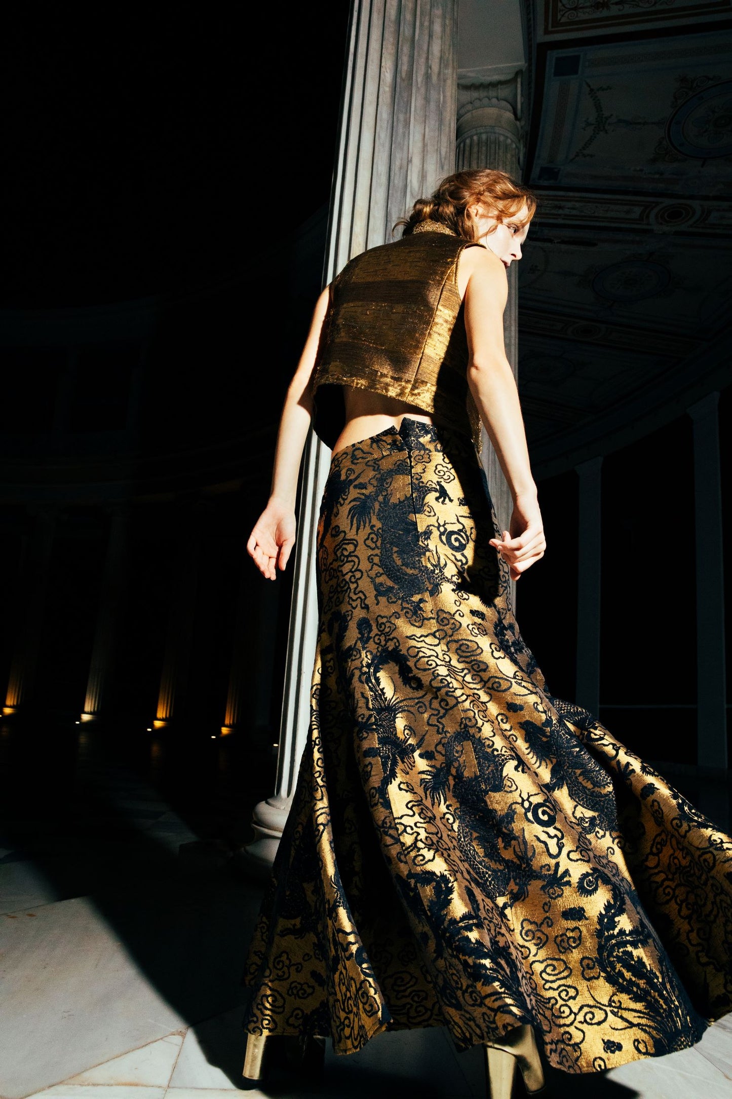 A.9684 Floral brocade maxi skirt in black and gold-caramel