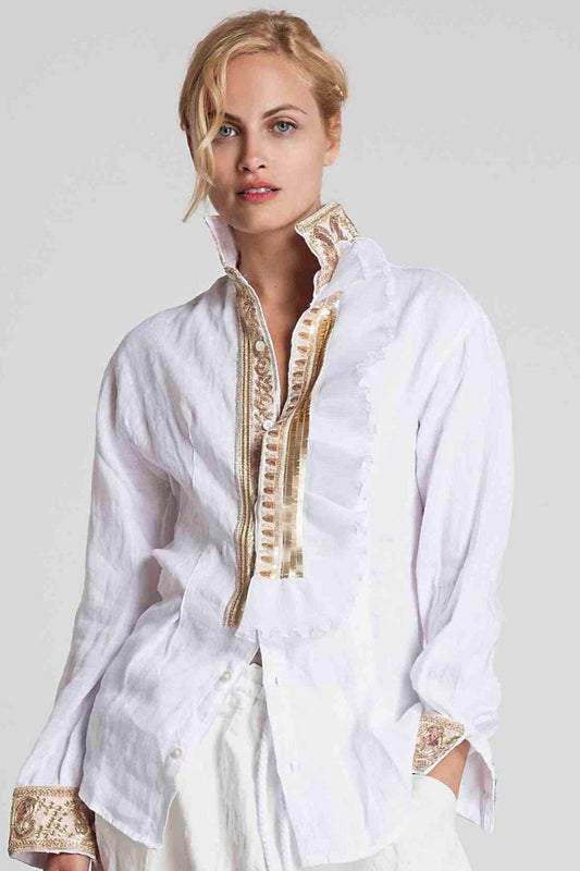 White linen shirt with golden embroideries and ruffles