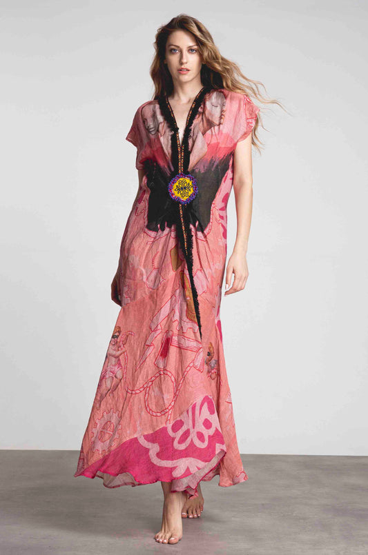 Linen  printed caftan dress artwork by painter Stamatis Theocharis