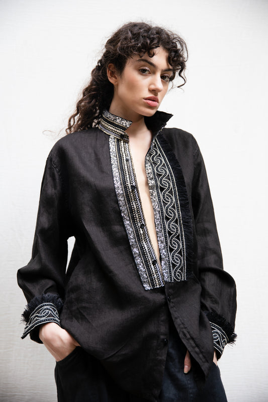 DSM.134 Black linen shirt with silver sequin embroideries