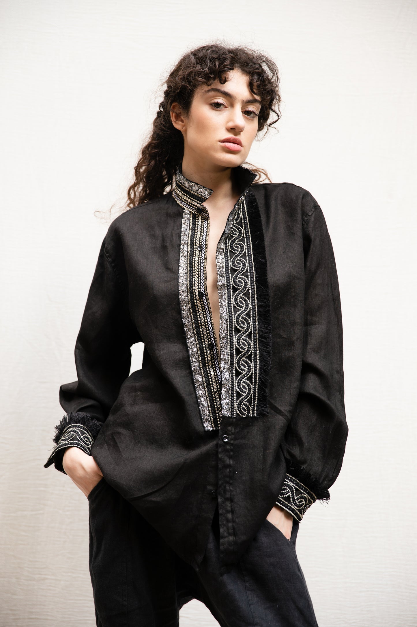 DSM.134 Black linen shirt with silver sequin embroideries