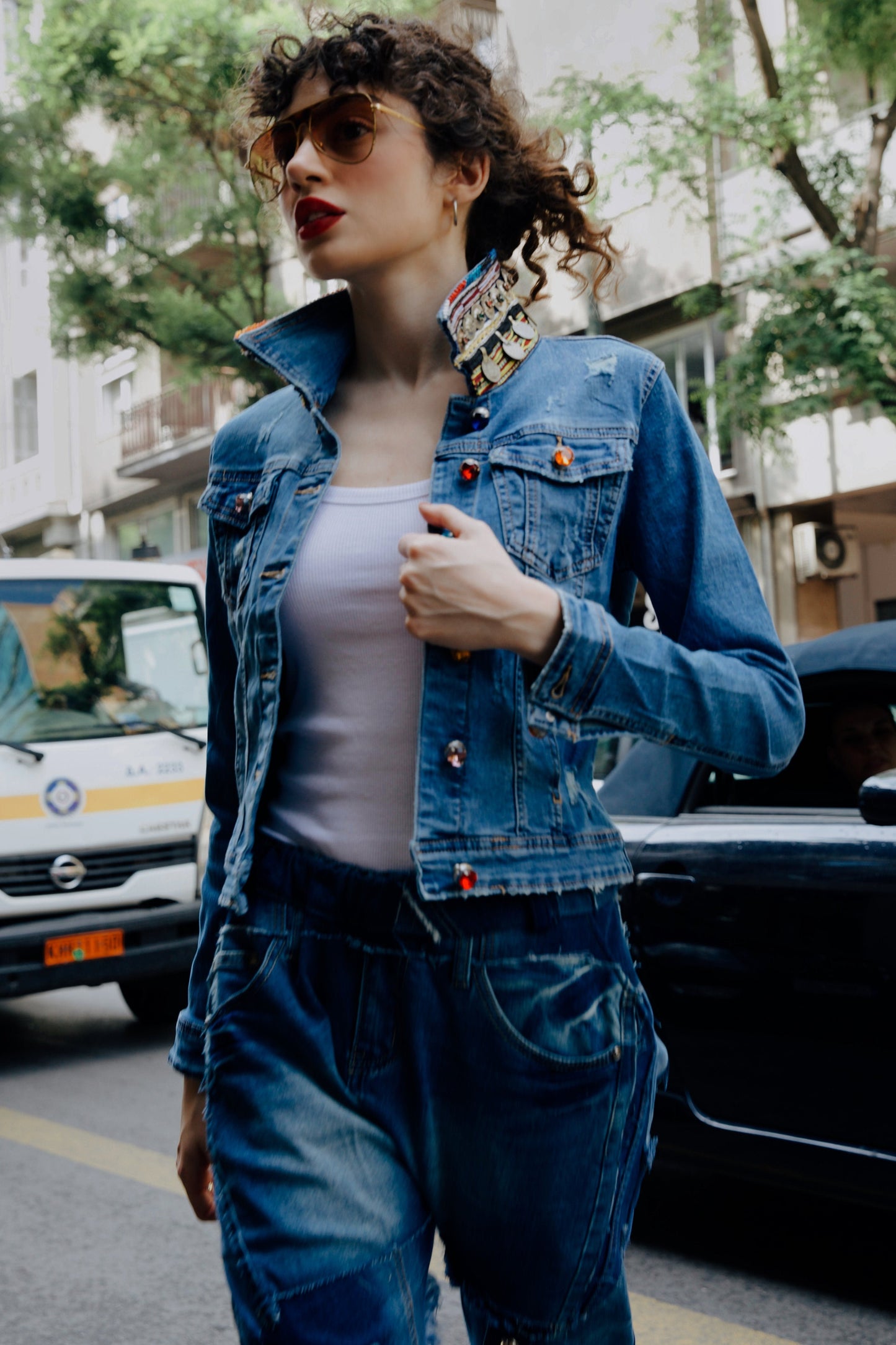 B.12 Denim jacket with unique handmade coin embroidery band