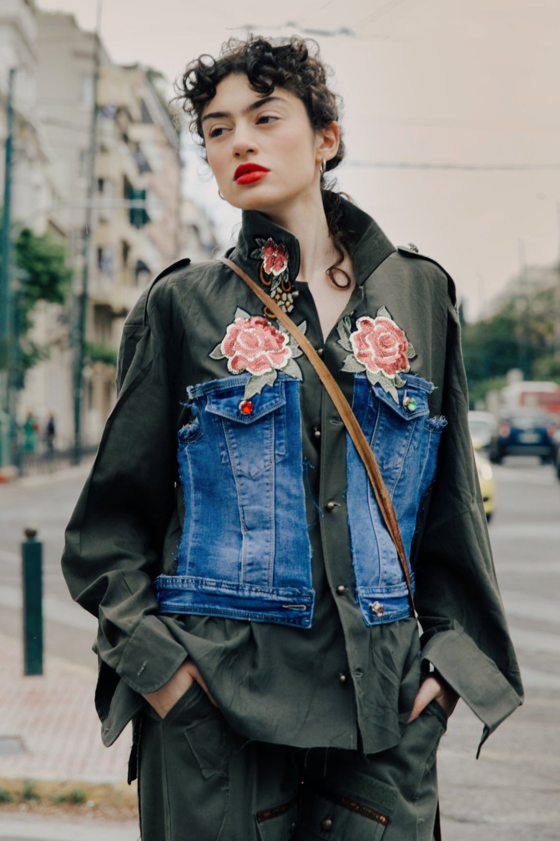 B.18 Vintage cotton military shirt with denim details and sequin floral motives