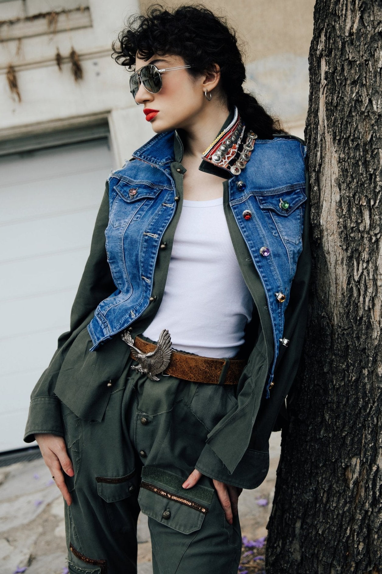 B.16 Vintage military shirt with denim details and unique handmade coin band.