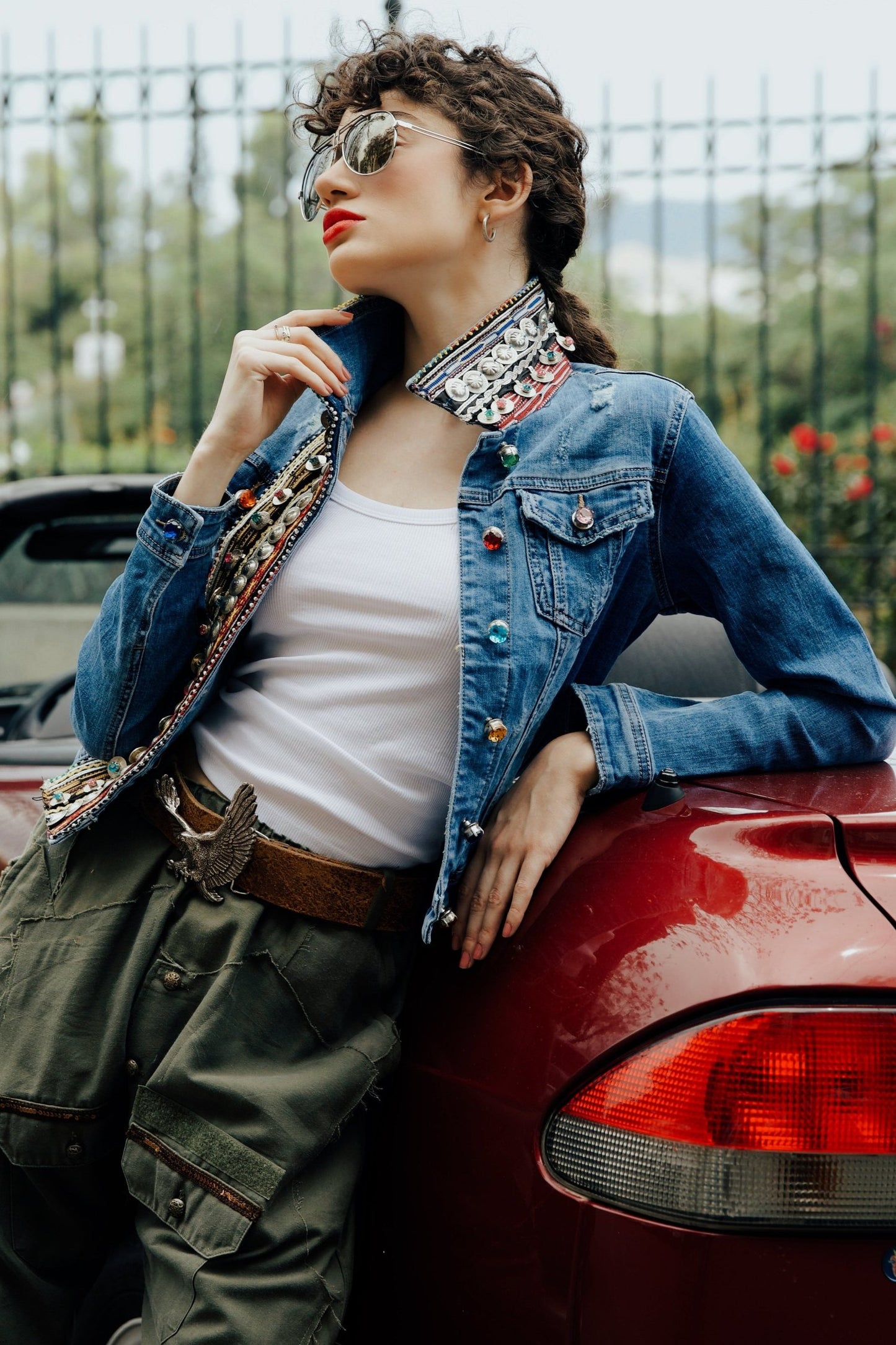 B.13 Denim jacket with unique handmade coin embroidery bands