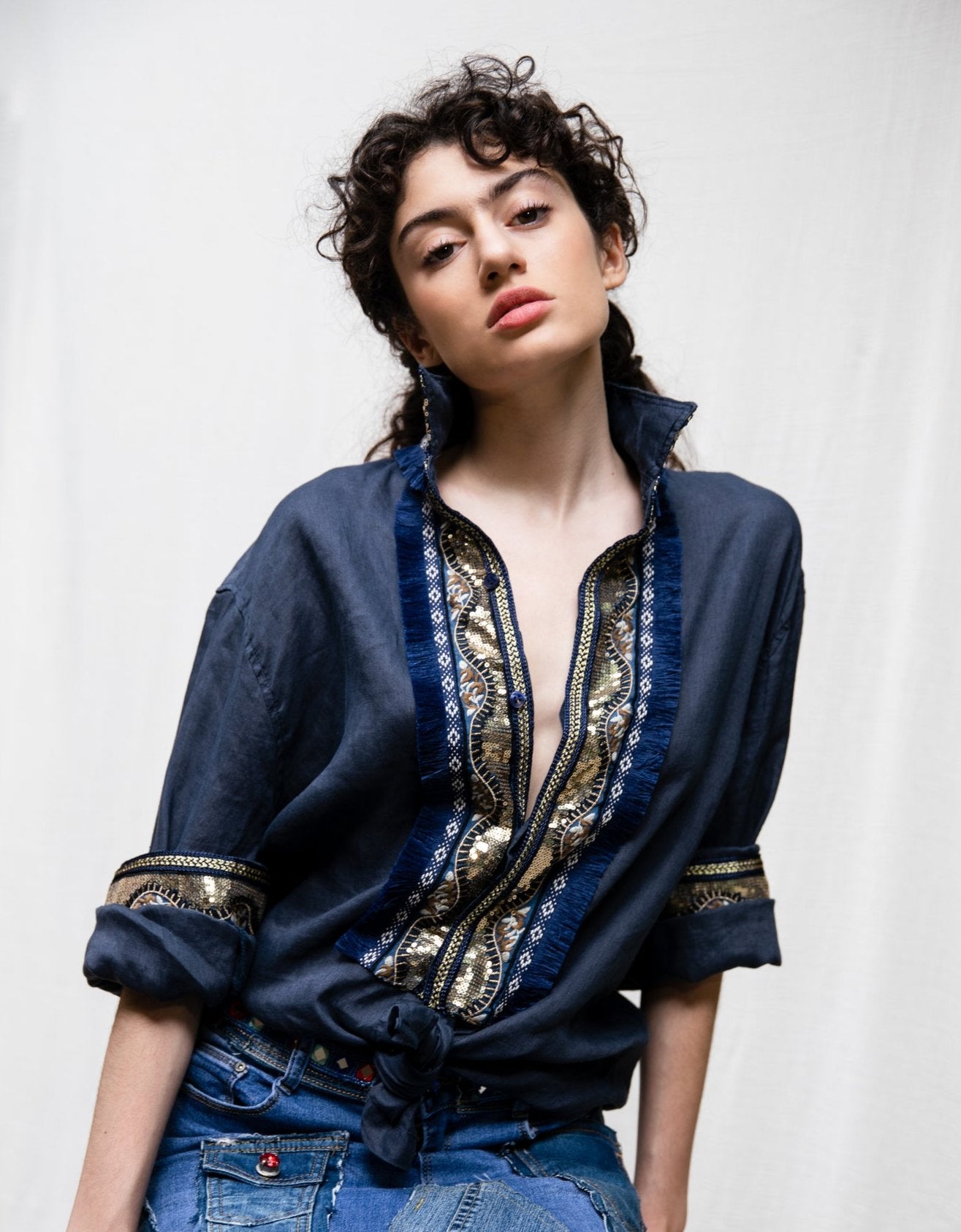 DSM.145 Navy blue linen shirt with gold sequin embroideries