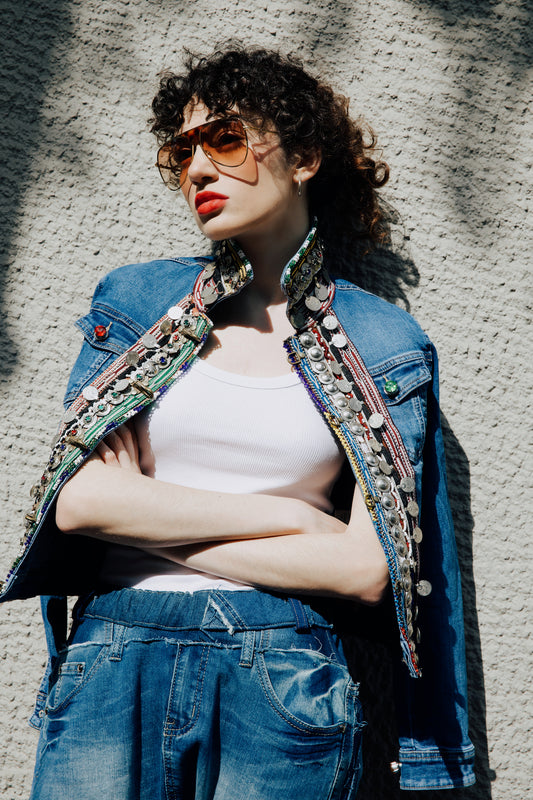 Classic Denim jacket with unique and traditional handmade coin embroidered bands