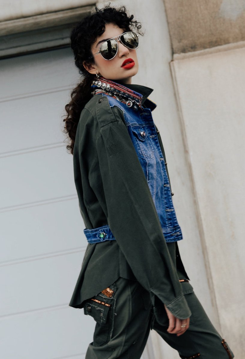 B.16 Vintage military shirt with denim details and unique handmade coin band.