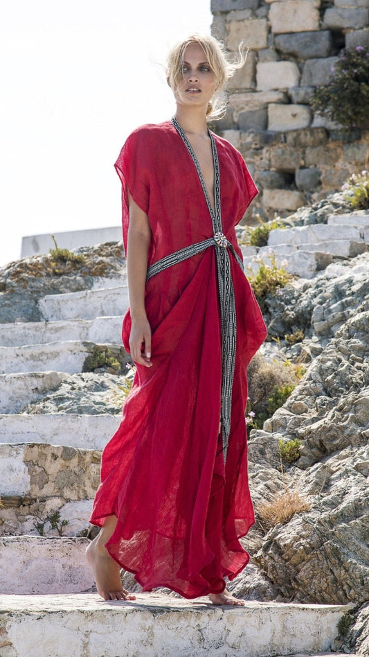 Red linen caftan dress with trims