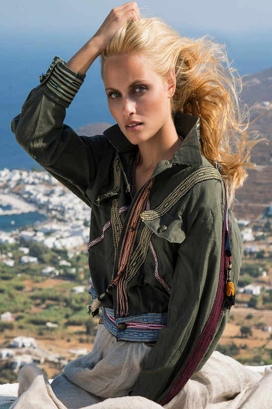 Classic military bomber with unique handmade colorful trims and tassels