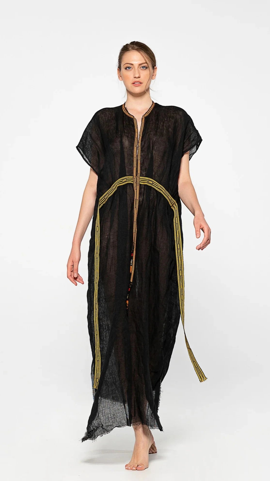 GR.6040/3 Black linen caftan dress with decorative trims