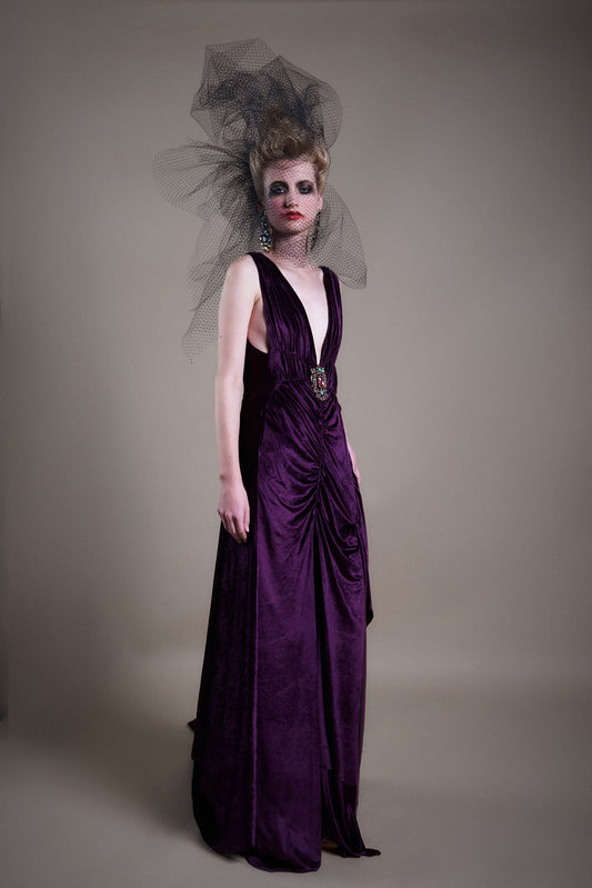 E.06 Violet silk-velvet evening gown