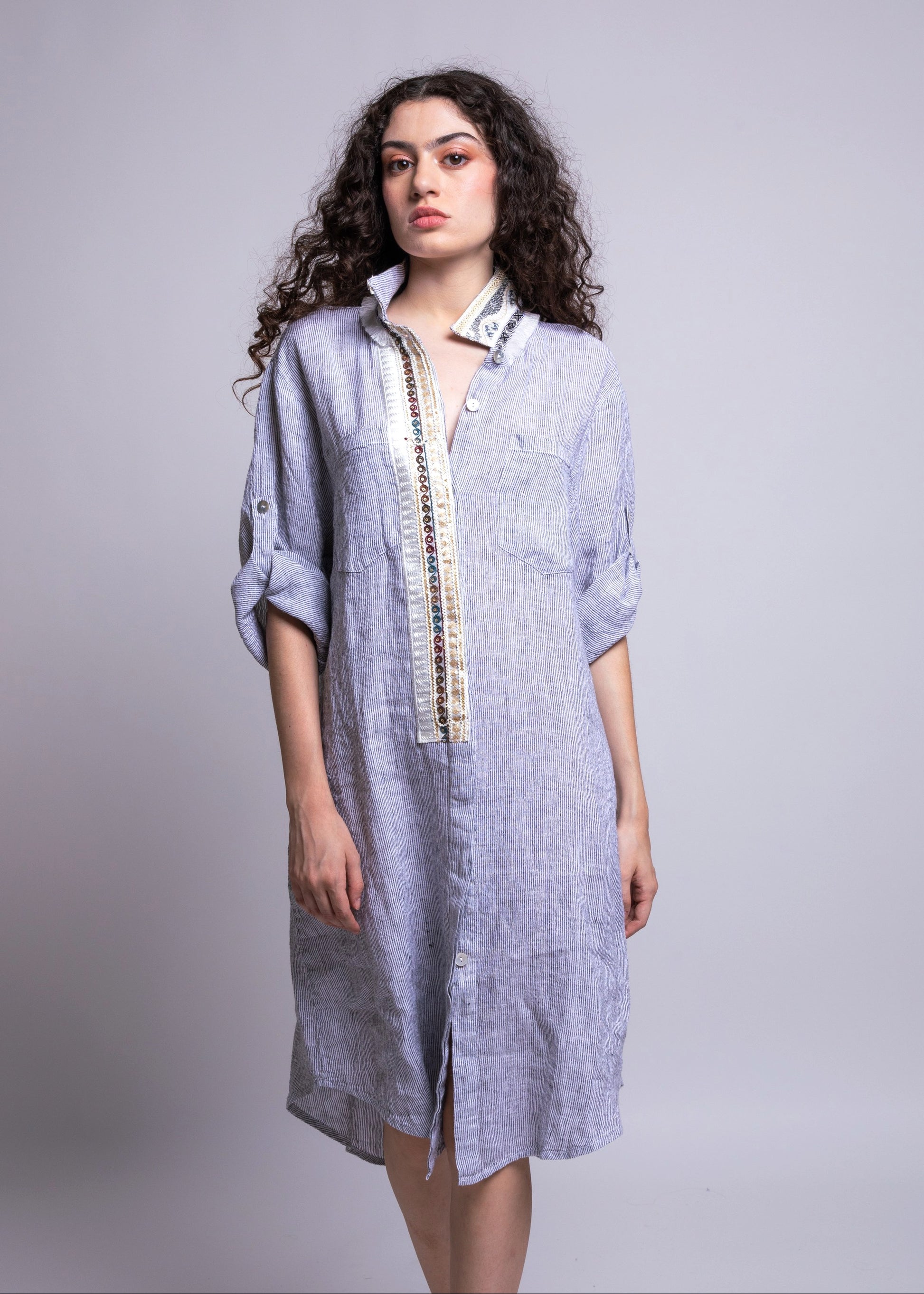 Striped blue linen shirt - dress embroidered Dassios Striped blue linen shirt - dress embroidered Dassios
