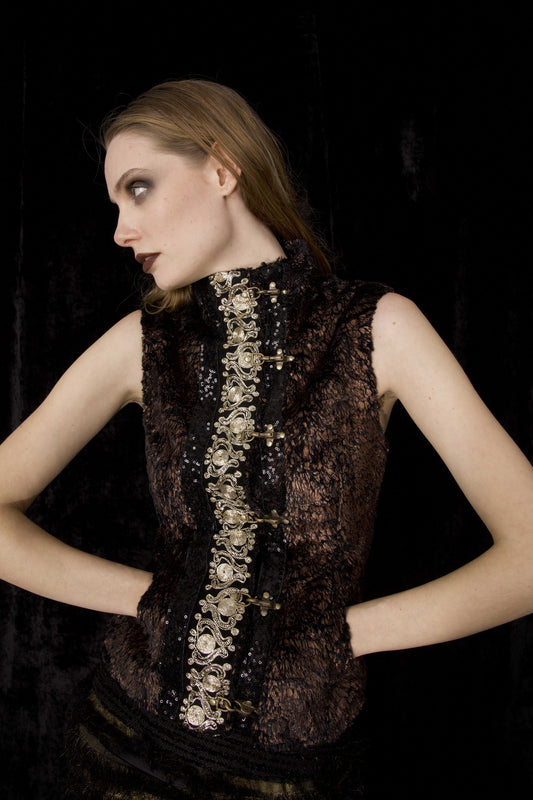 B.298 Bronze brown laser cut vest with golden embroideries