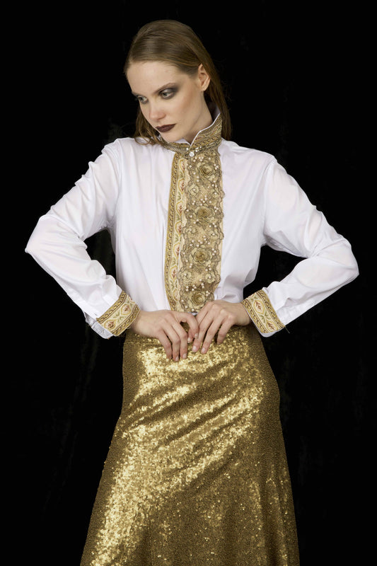 DSM.173 White cotton shirt with golden lace embroideries