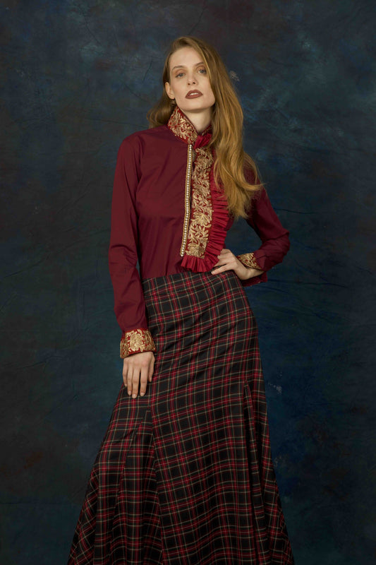 DSM.176 Bordeaux cotton shirt with golden embroideries and ruffles