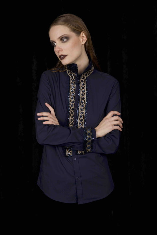 DSM.178 Navy blue cotton shirt with golden embroideries