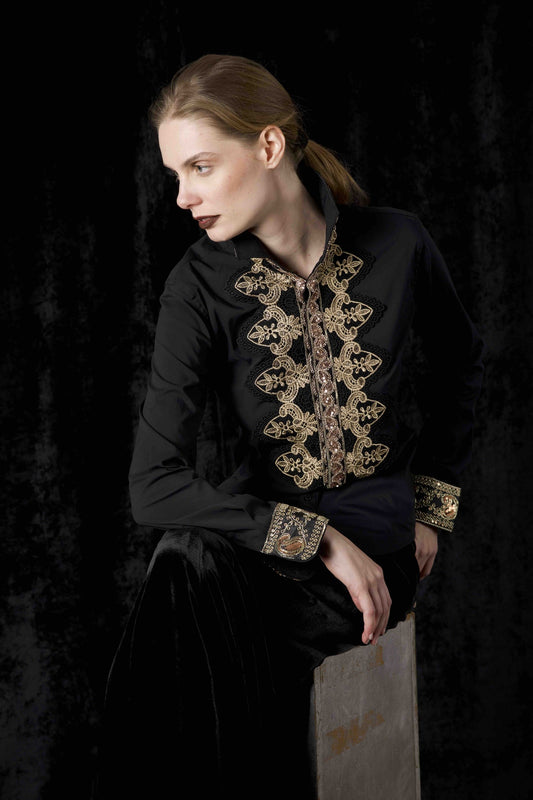 DSM.179 Black cotton shirt with golden lace