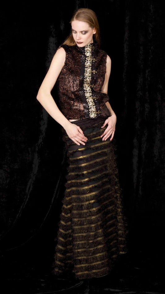 SK.010 Black and golden lace see-through evening skirt