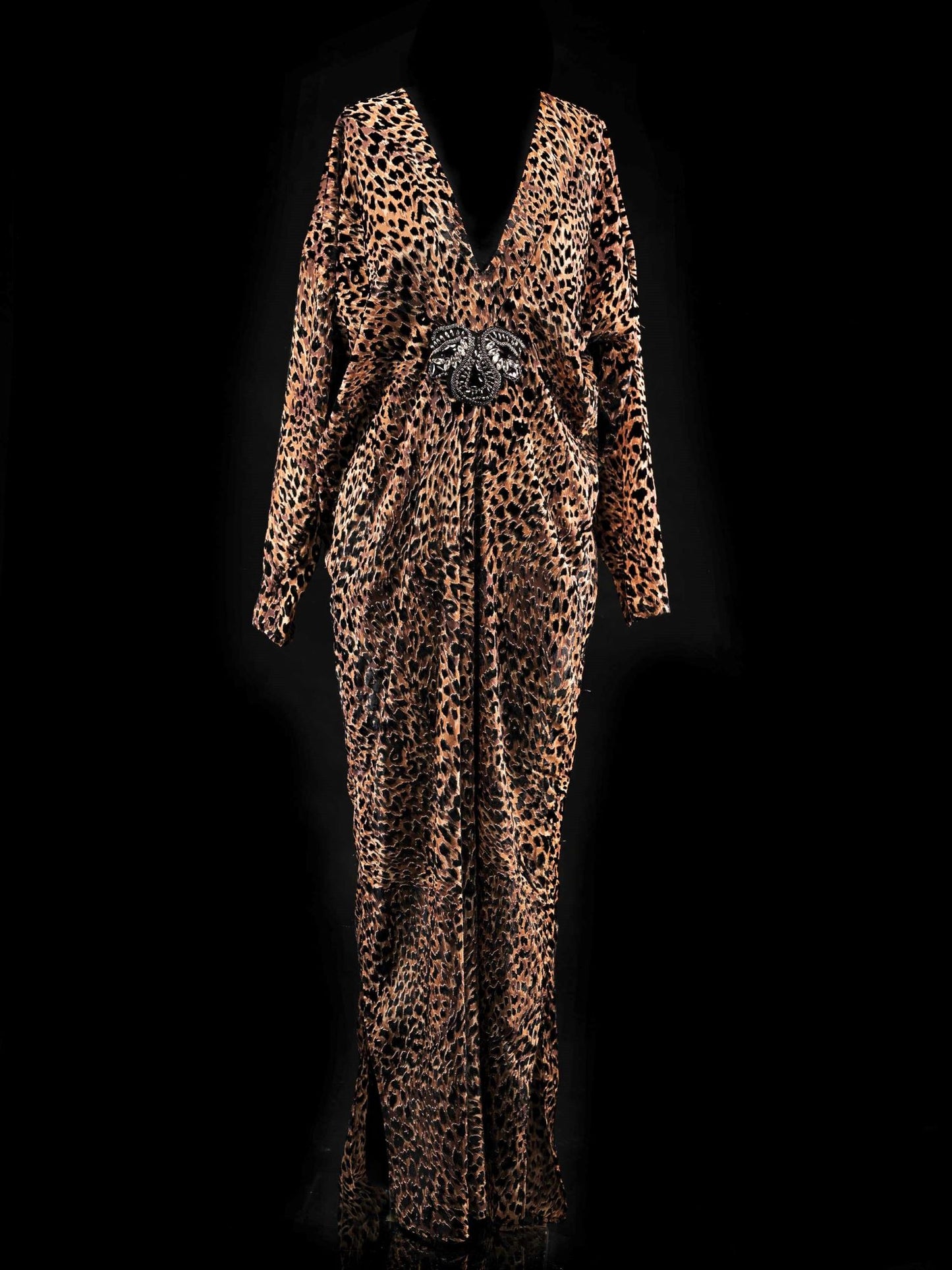 D.328 Semi-transparent leopard long dress with decorative element