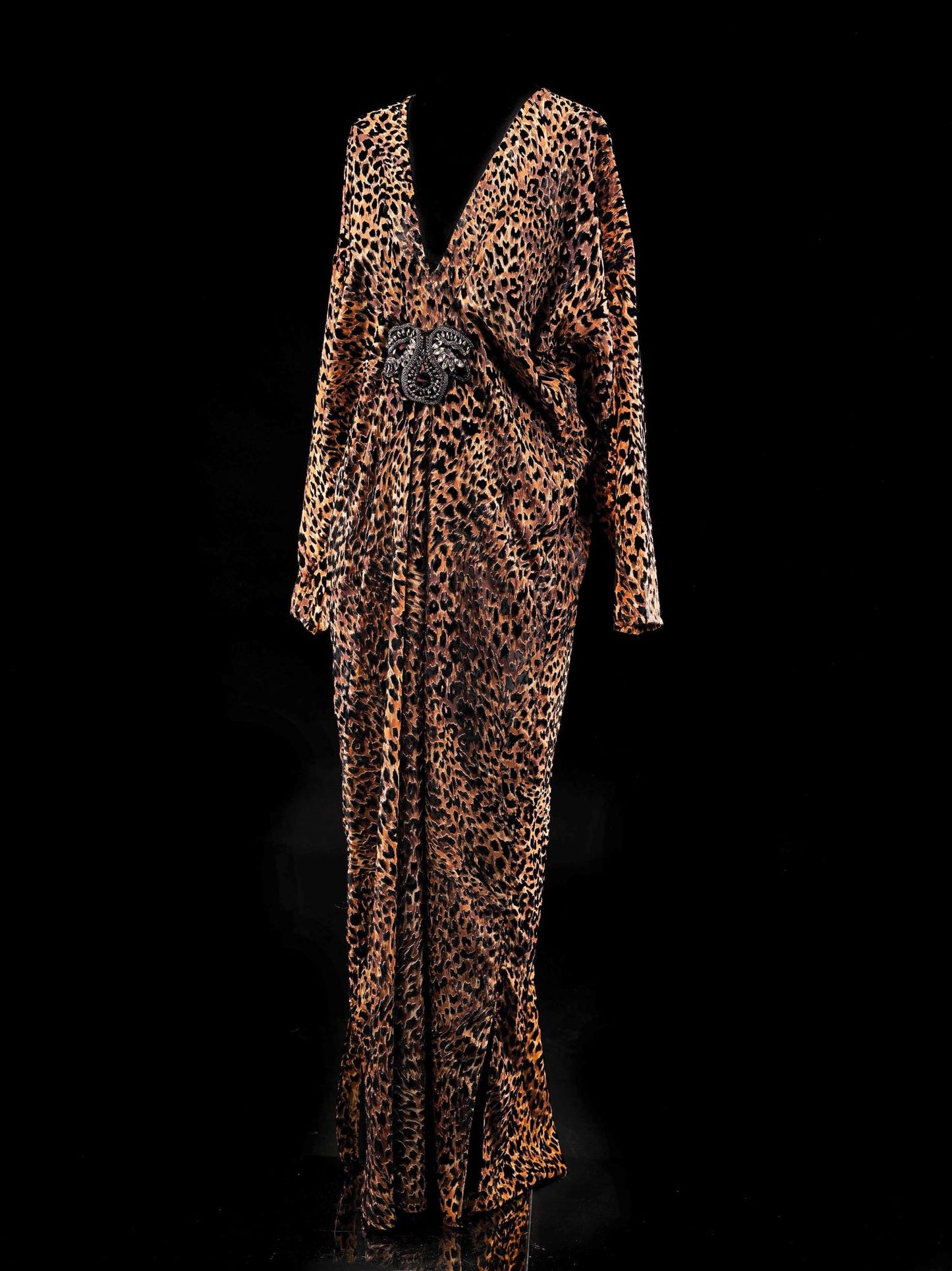 D.328 Semi-transparent leopard long dress with decorative element