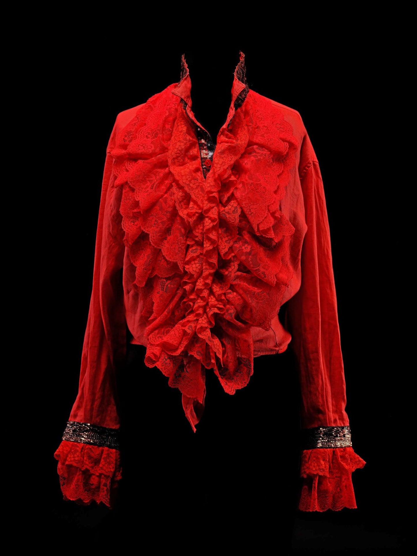 DSM.112 Red linen shirt with ruffles and sequin embroideries