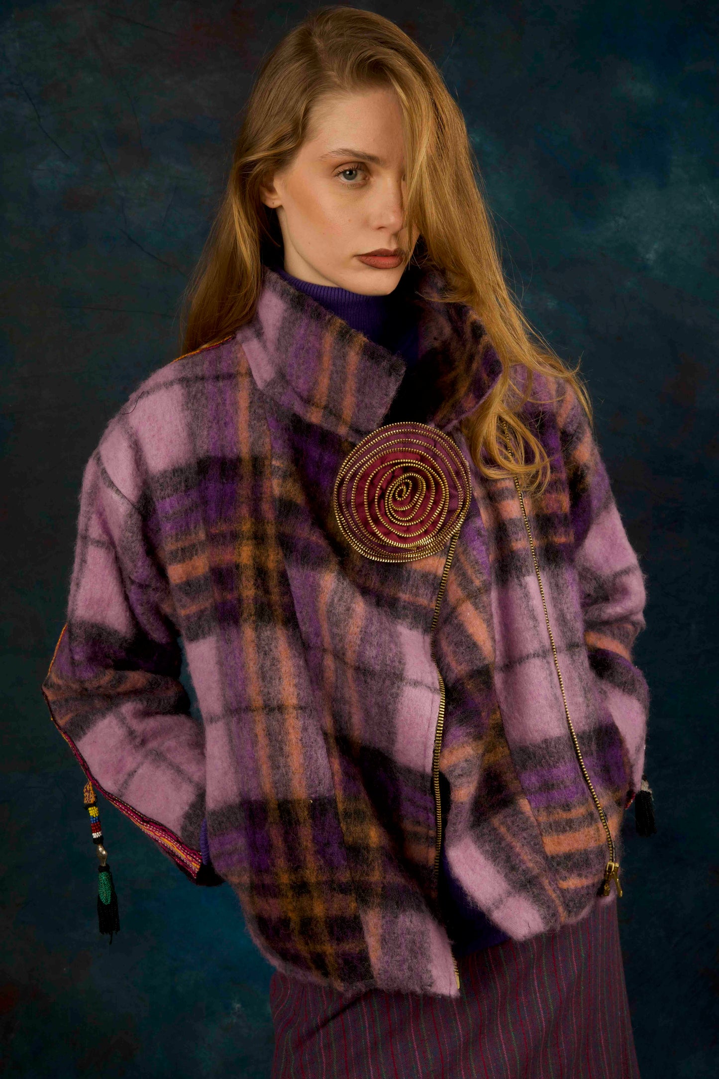 B.307 Wool purple checkered jacket with handmade jewelry zip brooch