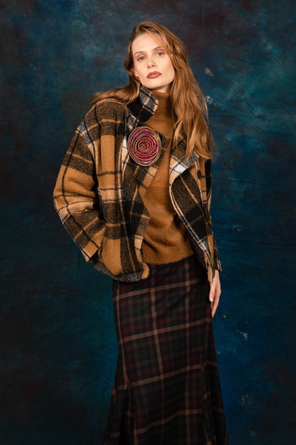 B.308 Wool checkered jacket with handmade jewelry brooch