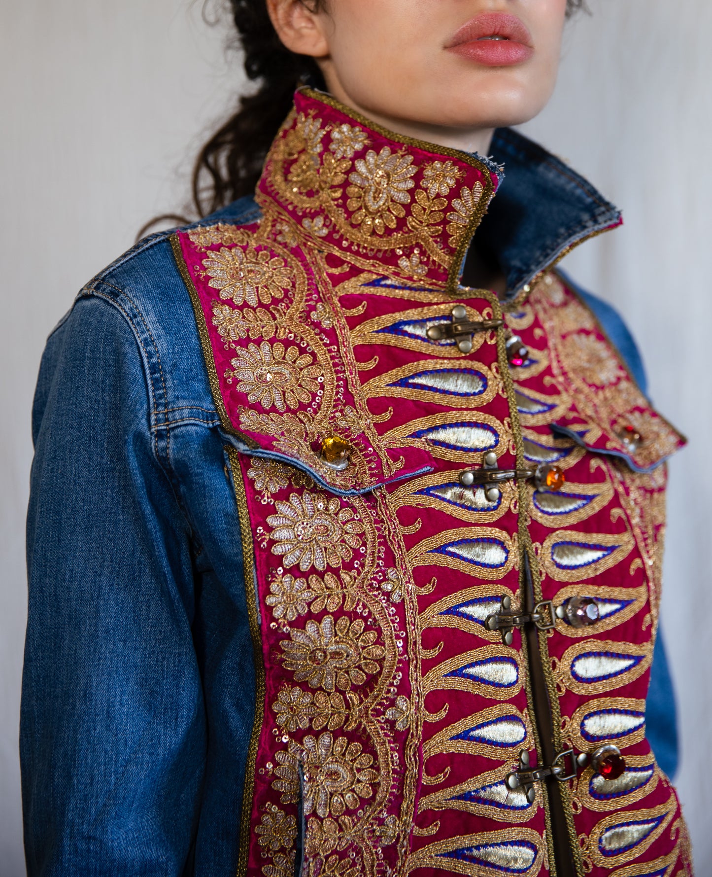 B.290 Denim jacket with red and golden embroideries