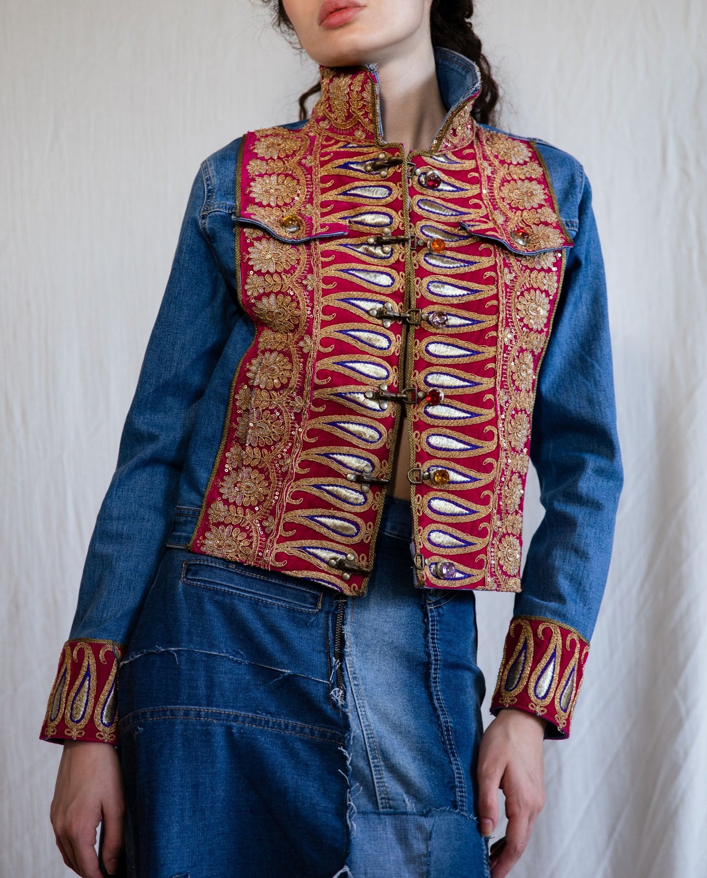 B.290 Denim jacket with red and golden embroideries